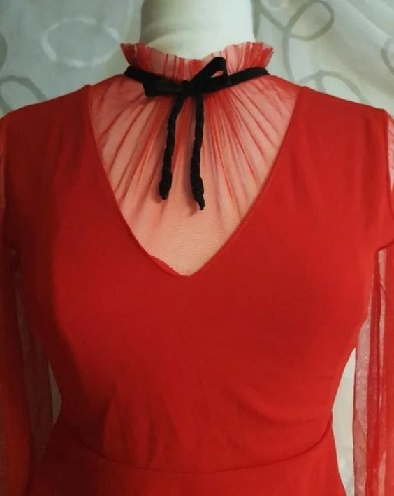 Vestido rojo de tul con mangas largas para mujer talla 36 - S – photo 2